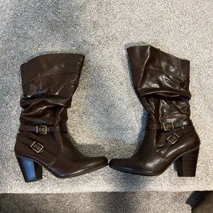 Calf height brown leather boots; size 8 1/2 wide